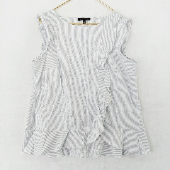 Banana Republic White Blue Fine Stripe Cotton Ruffle Front Sleeveless Top P2540 - Picture 1 of 7